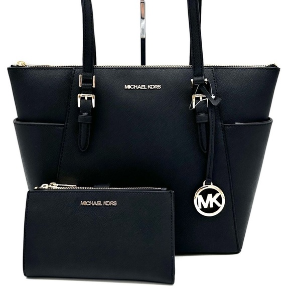 Michael Kors Large Charlotte Tote Bag & Large Double Zip Wallet Black - Picture 1 of 14